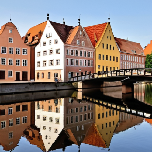 Home 15 **Image Prompt:** A picturesque view of Dolne Miasto (Lower Town) in Gdańsk, Poland, with restored granaries reflecting in the Nowa Motława canal. Capture the serene atmosphere, showcasing the unique architecture and quiet charm, away from the bustling tourist crowds. Include the Łąkowa street with its 19th-century townhouses, and several small bridges enhancing the area's appeal.