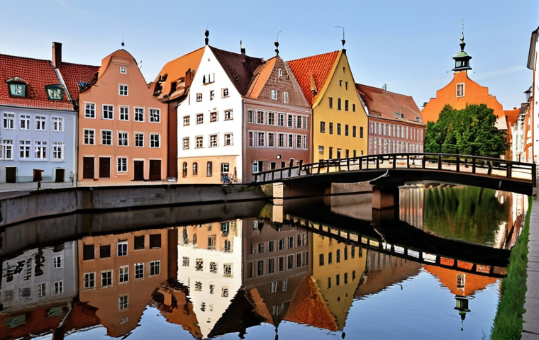 **Image Prompt:** A picturesque view of Dolne Miasto (Lower Town) in Gdańsk, Poland, with restored granaries reflecting in the Nowa Motława canal. Capture the serene atmosphere, showcasing the unique architecture and quiet charm, away from the bustling tourist crowds. Include the Łąkowa street with its 19th-century townhouses, and several small bridges enhancing the area's appeal.